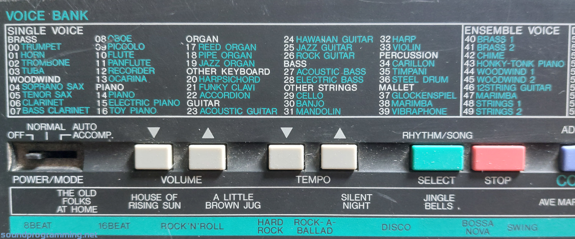 Yamaha PSS-50 Single and Ensemble Voice List (Voice Bank)